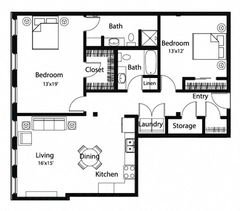 Floor plan for 2 beds, 2 baths